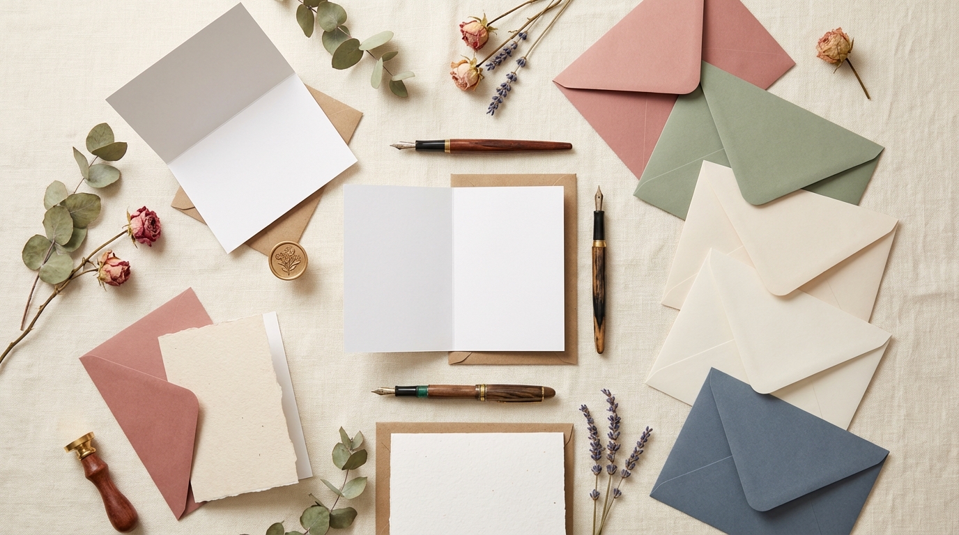 A flat-lay of greeting cards, fountain pens, and colourful envelopes on cream linen